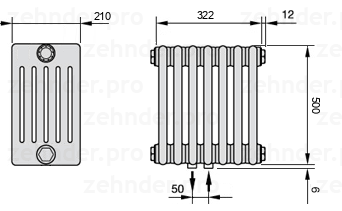 Схема (чертеж) Радиатор Zehnder Charleston 6050/7 №5410 Белый глянцевый RAL 9016